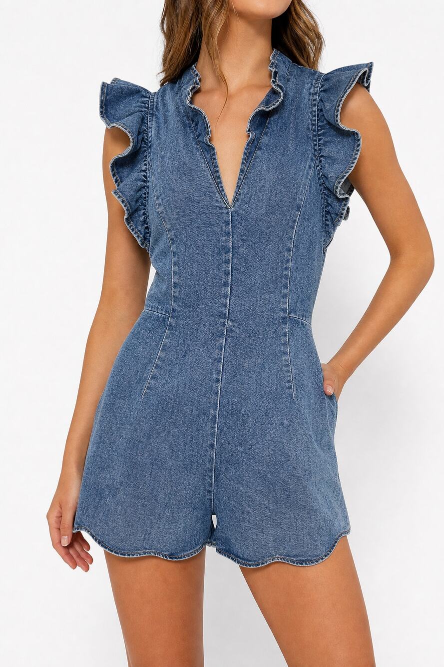 Bella Ella Boutique Denim Ruffle Romper Shorts Blue XL Medium Wash Y2K Festival